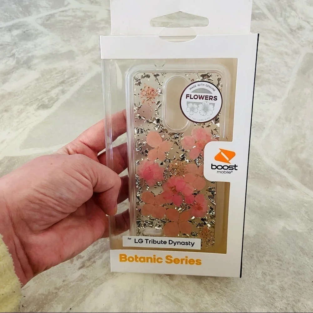 LG tribute dynasty pink silver sparkly pressed flower Botanic series phone case